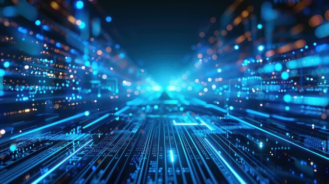 Capture the futuristic allure of digital innovation with a image of a blue technology background illuminated by pulsating motion neon light. - Powered by Adobe