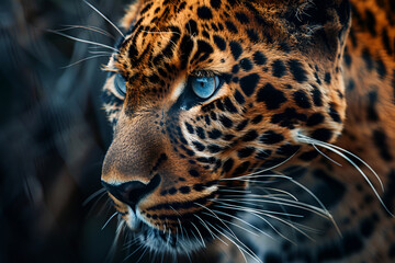 Beautiful spotted leopard outdoors, wild predatory animal looking at camera, Portrait of a leopard in the wild, close up, leopard is seeing with killing eyes a predator
