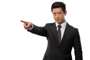 Asian Businessman Finger Pointing With Smiling Face Isolated on Transparent Background