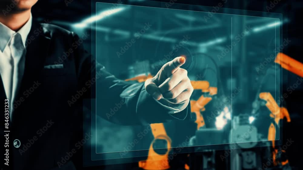 Poster mlp engineer use cybernated robotic software to control industry robot arm in factory. automation ma