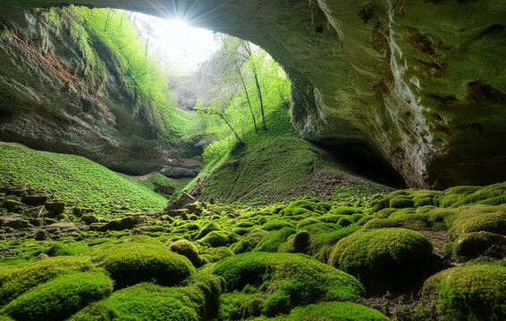 Unterirdische H&ouml;hle mit viel Vegetation