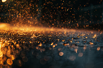 Artistic shot of warm summer rain droplets falling and splashing on the asphalt surface, creating a moody and atmospheric composition