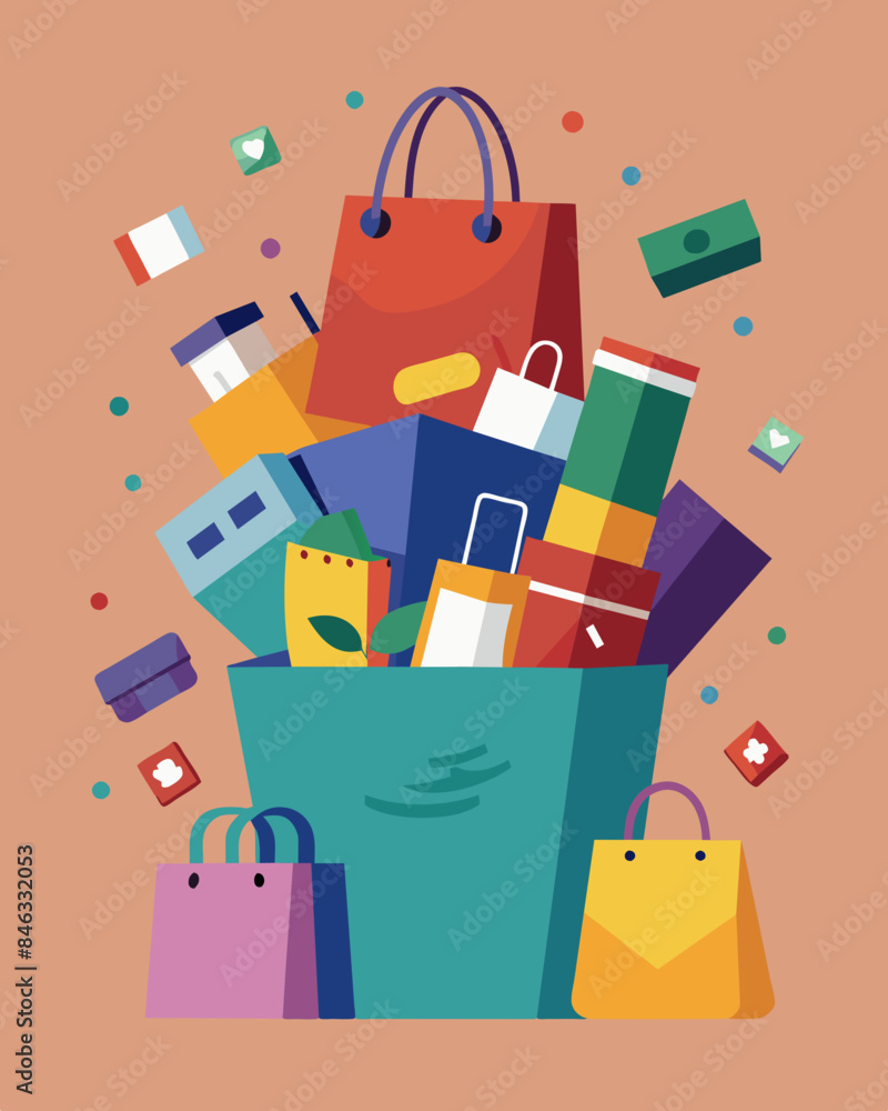 Poster shopping bags overflowing with unnecessary items as people continue to make more and more purchases.