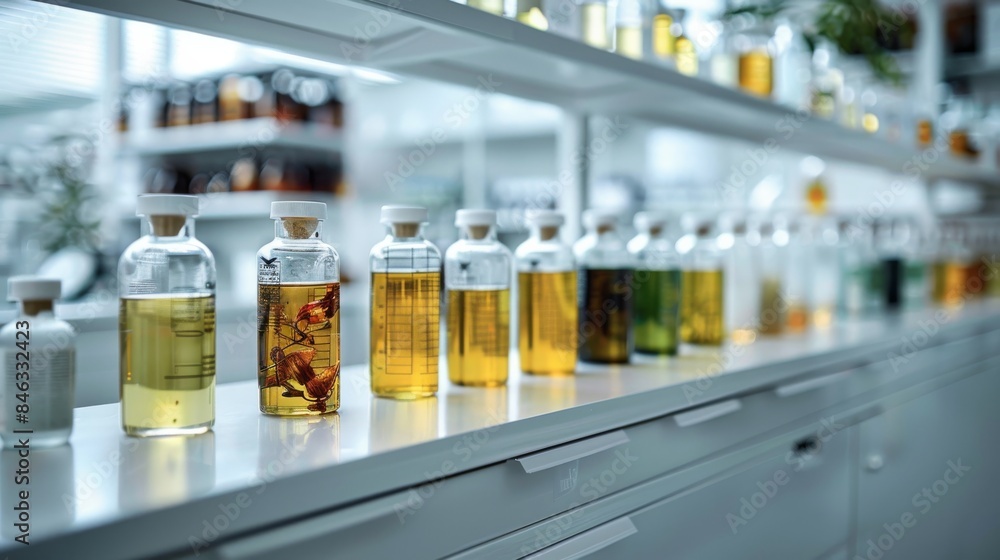 Poster In front of a shelf with sample bottles with yellow and green liquids, modern white laboratory. Generative AI.