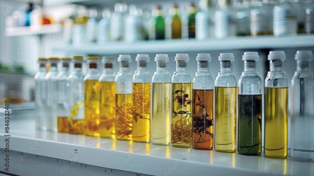 Poster In front of a shelf with sample bottles with yellow and green liquids, modern white laboratory. Generative AI.