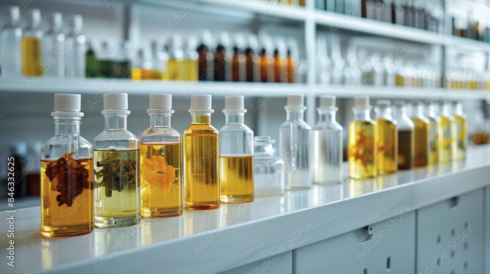 Poster In front of a shelf with sample bottles with yellow and green liquids, modern white laboratory. Generative AI.