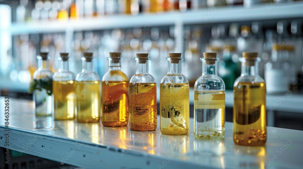 Poster In front of a shelf with sample bottles with yellow and green liquids, modern white laboratory. Generative AI.