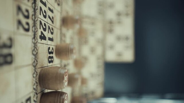 A Vertical Macro video of a Bingo board, studio lights, 120 fps, slow motion, wooden chip digits, Raw footage, vintage lottery desk game, card numbers, crane slide right smooth movement