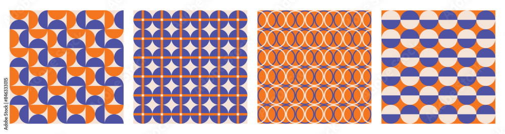 Poster trendy aesthetic retro set geometric seamless patterns. modern abstract background. blue and orange 