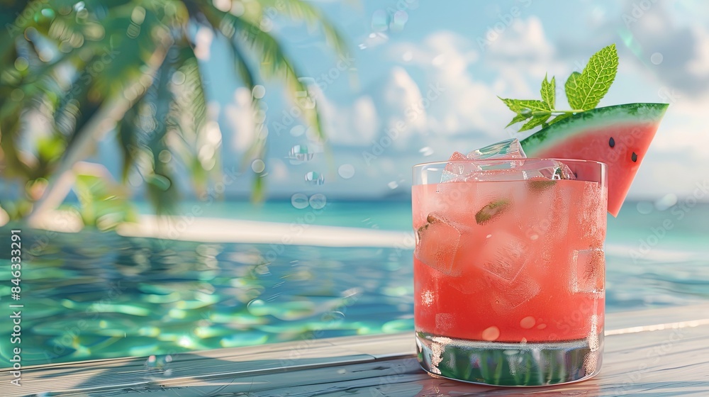 Aufkleber a glass of watermelon cocktail with a wedge of watermelon and mint garnish sits on a table by a swim