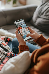 Female hand scrolling through a social media feed on a smartphone display while relaxing on a sofa at home, illustrating modern leisure activities and digital media consumption