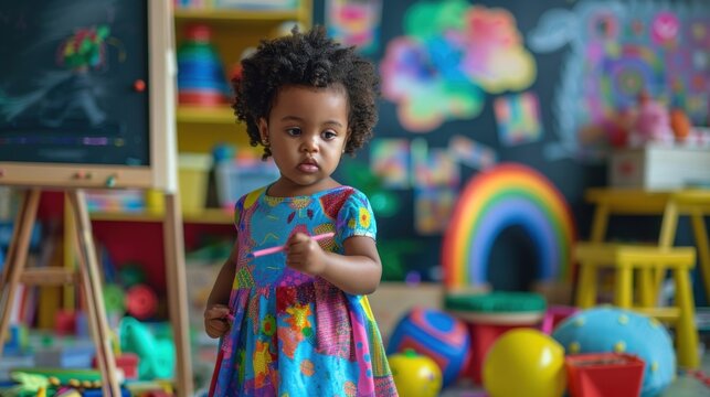 A young girl in a colorful dress is standing in a room with a chalkboard