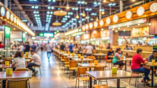 Food Court Blur: A blurred background of a bustling food court in a shopping mall, with various food stalls and seating areas.
