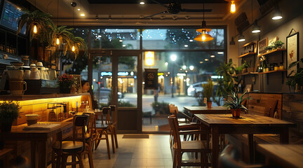 Night coffee shop from the inside, elite cafe, table for taking orders, tables and chairs. Generative AI.