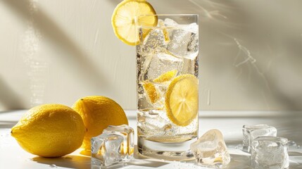 A tall glass of lemonade with ice cubes and a slice of lemon