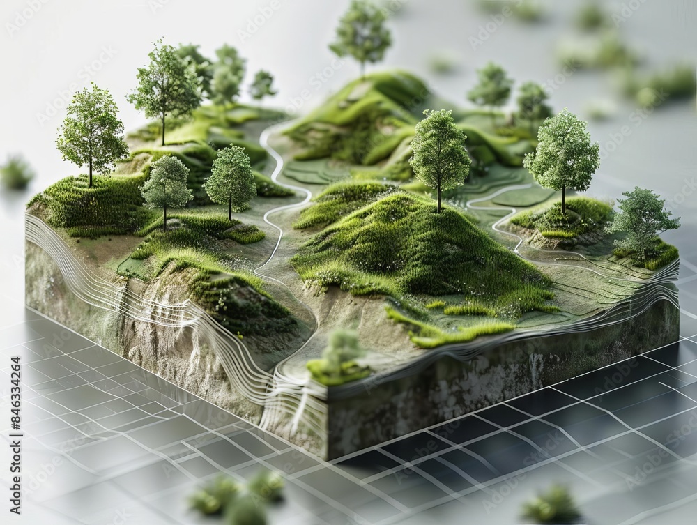 Poster a photorealistic virtual environment with a technology scene showcasing a digital terrain from a til