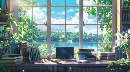 Aesthetic workspace in anime style, featuring a large window overlooking a lake and floral, a desk with a laptop and books, and a big bookcase