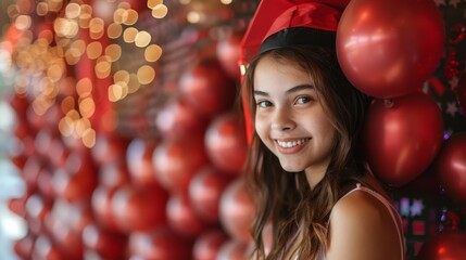 A photo setup showcasing academic milestone accessories against a festive graduation backdrop