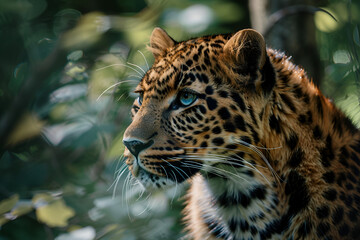 Beautiful spotted leopard outdoors, wild predatory animal looking at camera, Portrait of a leopard in the wild, close up, leopard is seeing with killing eyes a predator