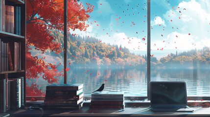 Fototapeta premium Aesthetic workspace with a large window facing a lake and mountain, a desk with a laptop and books, and a big bookcase, illustrated in anime style background wallpaper
