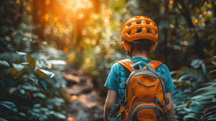 A young boy wearing a bright orange helmet and backpack is walking through a forest. The scene is peaceful and serene, with the boy surrounded by nature