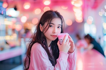 Young woman enjoying bubble tea in pink cafe