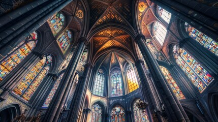 Fototapeta premium Depict the interior of a Gothic cathedral with stained glass windows, vaulted ceilings, and ornate columns.