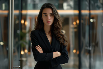 Woman in black blazer with arms crossed posing in modern building