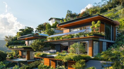 A modern, eco-friendly home with solar panels, green roofs, and a garden, set on a hillside.