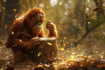 An orangutan playing a mystical drum with magical music notes floating in the air