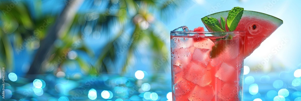 Poster a close-up shot of a refreshing watermelon cocktail garnished with a wedge of watermelon and a sprig