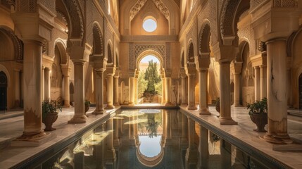 An opulent palace in a desert oasis.
