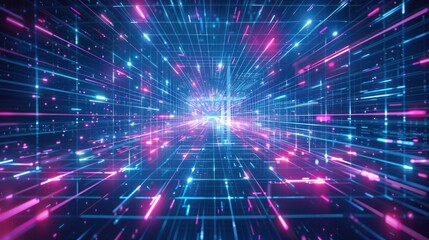 Fototapeta premium Craft a dynamic image featuring a Metaverse abstract background with a perspective laser grid, symbolizing the interconnectedness of virtual worlds. 