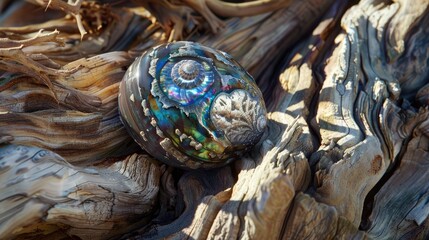 Detailed view of the iridescent pattern of an abalone seashell placed on weathered driftwood