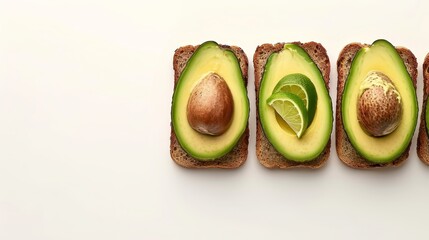  A stack of avocado-topped bread slices, each garnished with a lime slice, arranged against a pristine white backdrop