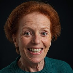 Фn older woman with red hair and fair skin. She smiles and looks directly into the camera. The woman is wearing a green sweater. The background of the photo is dark, which highlights the woman's face