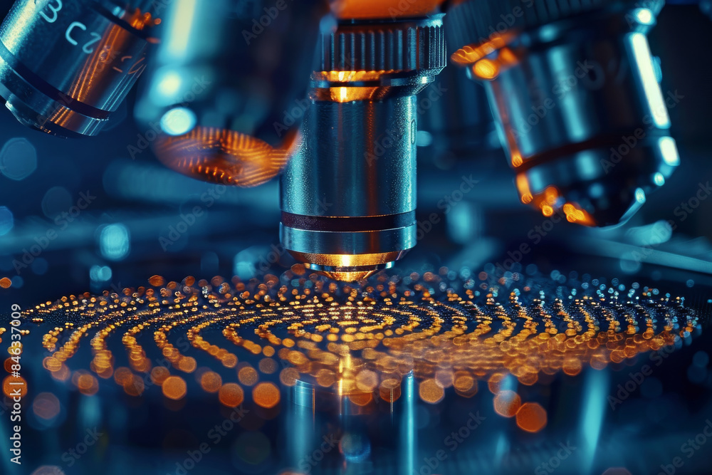 Poster A close-up of a fingerprint on a laboratory slide, being examined under a microscope, showcasing the detailed analysis of forensic evidence. Generative AI.