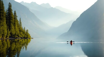A lone kayaker paddling on a smooth, serene lake, surrounded by mountains, with a soft morning...