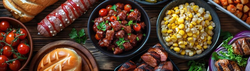 A top-down perspective of an Independence Day feast, emphasizing a lively outdoor picnic scene with a festive ambiance and celebratory decorations