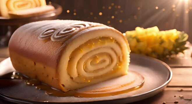 Roll Cake or sponge cake filled with pineapple jam served on the table.