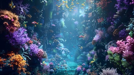 Vibrant Underwater Fantasy World Teeming with Exotic Marine Creatures and Coral Reefs