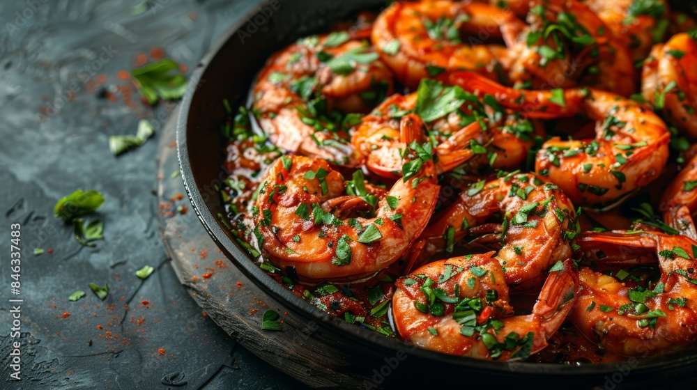 Wall mural  A pan holding cooked shrimp, garnished with parsley, atop a black stone countertop