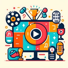 flat vector logo of coconut television with equipment illustrations