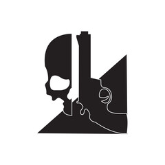 skull and gun in black, icon logo flat