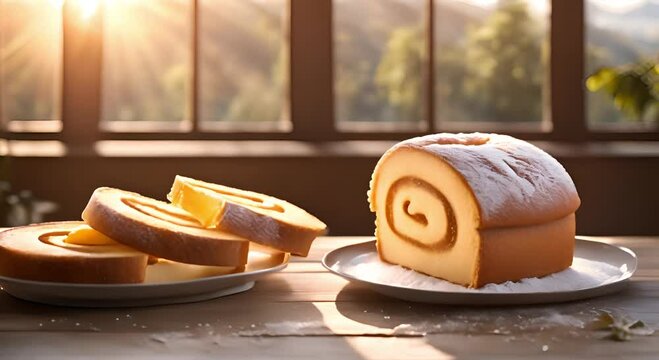 Roll Cake or sponge cake filled with pineapple jam served on the table.