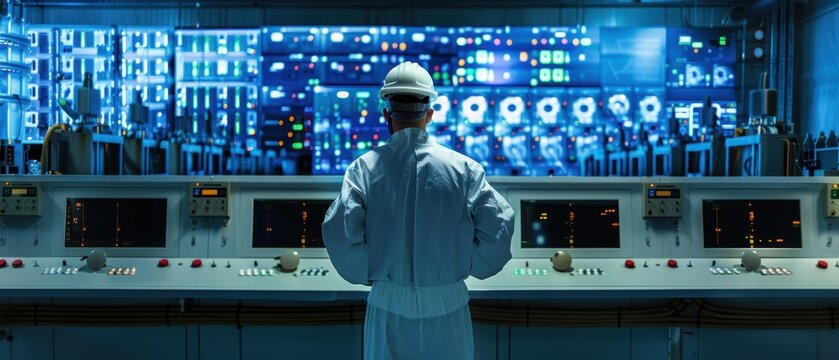 Sophisticated clean energy control room, featuring monitoring tools for grid management, with a technician in protective equipment