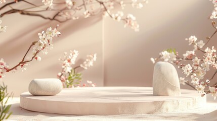 Rock arch product podium in a serene setting, featuring delicate blossoms and a pastel background, 3D rendered for a soft aesthetic