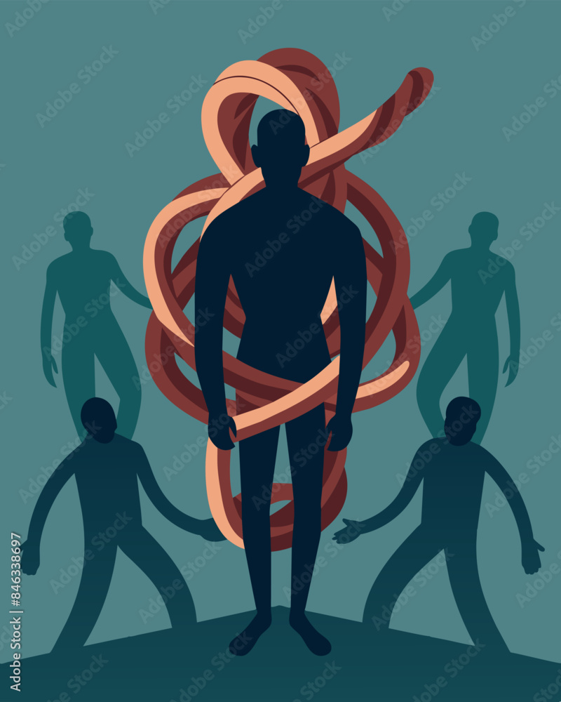 Poster the shadowy outline of a person tangled in a knot with several other figures depicting the internal 