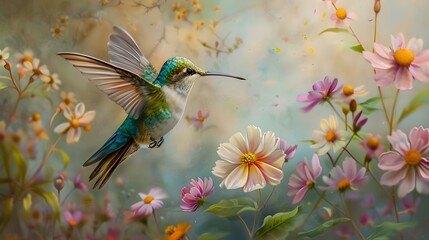 Hummingbird s Iridescent Feathers Amid Blooming Wildflowers in Ethereal Watercolor Style