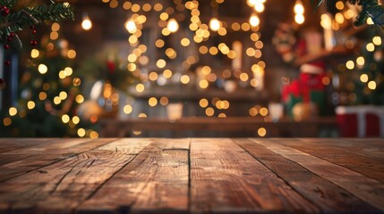 Holiday-themed wooden table with a background of sparkling Christmas lights and festive decor